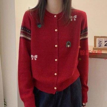 秋冬氣質歐貨高級感圣誕紅針織衫輕熟風單排扣毛衣顯瘦外套女 大尺碼外套 大尺碼上衣 大尺碼女裝 氣質穿搭 秋冬外套