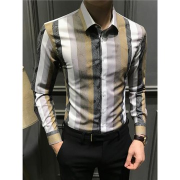 秋季痞帥拼色襯衫男長袖2025新款條紋休閑襯衣時尚潮流男裝抗皺