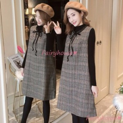 ワンピース2点セット レディース 40代 きれいめ マタニティーワンピース 秋服 長袖ニットトップス 黒 チェック柄ベストスカート セットア