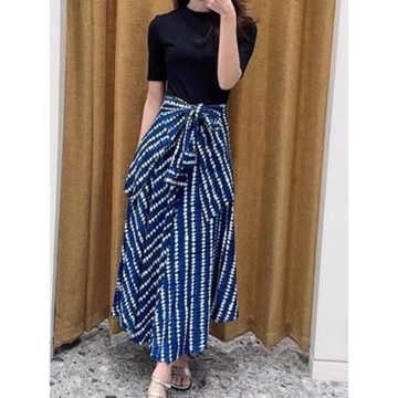 元品質 M家 25夏法式優雅假兩件圓領印花拼接修身垂感連衣裙長裙