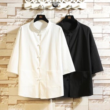 亞麻襯衫男夏中國風七分袖唐裝外套薄款寬松冰絲短袖襯衣半袖上衣
