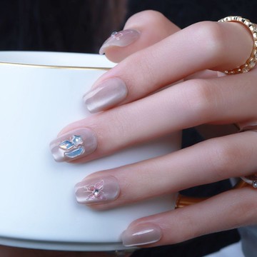 愛依依 美甲 戴甲 甲片新款【蝶戀花】溫柔冰透玻璃珠蝴蝶鬱金香貓眼美甲穿戴甲顯白甜美-13013.