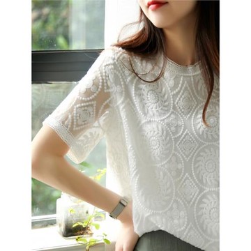 い黛兒 仙美入骨！精致水溶花刺繡 順紆桑蠶絲短袖上衣 ELZY23318