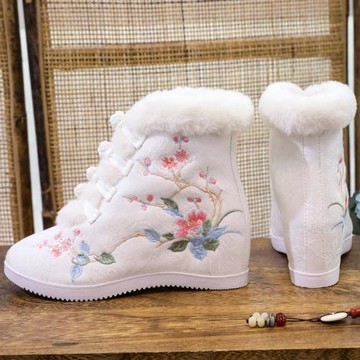 古風漢服鞋子女冬加絨保暖內增高布鞋老北京繡花鞋古裝旗袍短棉靴