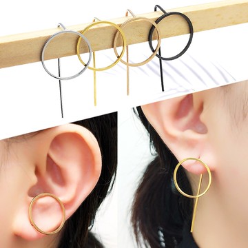 B4241 圓形線條耳掛式耳環 圈圈耳墜 不生鏽 316L鈦鋼 耳圈耳勾 細耳針 防過敏 簡約風耳釘 女生飾品配件