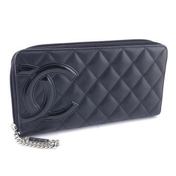 八五成新--CHANEL 黑色菱格紋羊皮雙C康朋八卡拉鍊長夾