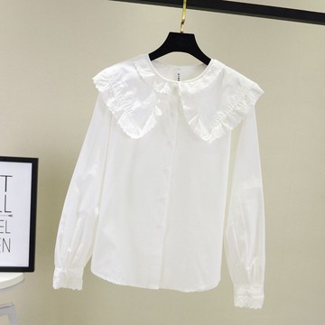 春季新款百搭木耳邊長袖白色襯衫女寬松上衣娃娃領打底襯衣潮
