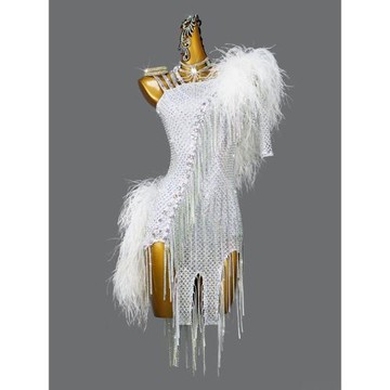 新款高級專業拉丁舞比賽服羽毛連衣裙舞蹈臺表演出solo花服練功服