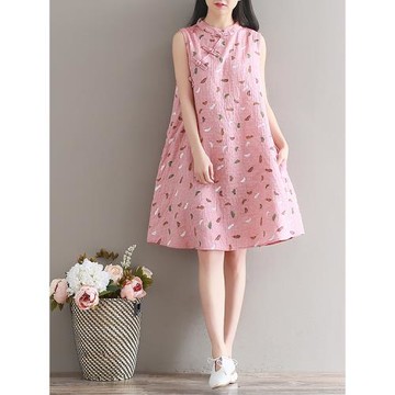 雙層棉麻無袖旗袍裙夏大碼中長裙文藝小清新印花大擺裙亞麻連衣裙