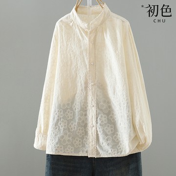 初色 復古花朵刺繡純色百搭休閒透氣立領長袖襯衫上衣女上衣-杏色-37412(M-2XL可選)