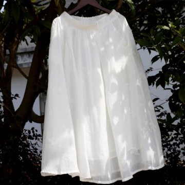 昔語自制 100支苧麻精致繡花夏季中長款棉麻文藝半身裙女 L453