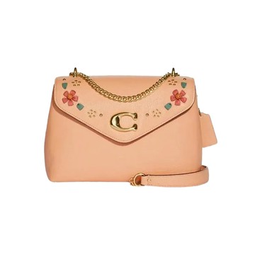 Tory burch - 花卉皮革翻蓋斜背包-粉桔