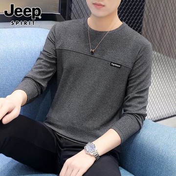 JEEP SPIRIT長袖t恤男士春季潮流圓領套頭打底衫寬松休閑上衣服男
