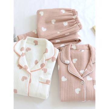 純棉睡衣女秋冬季三層夾棉保暖加厚日系簡約寬松家居服套裝可外穿