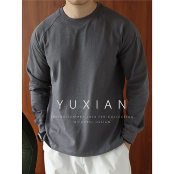 YUXIAN美式重磅300克純棉雙紗長袖插肩袖T恤純色圓領男士春夏四季