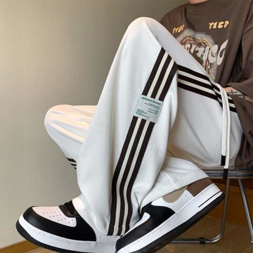 美式條紋冰絲褲子男夏oversize寬松直筒闊腿休閑長褲潮牌痞帥炸街