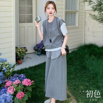 初色 韓系撞色拼接假兩件圓領短袖T恤上衣女上衣+純色抽繩中長裙半身裙套裝-灰色-50390(M-2XL可選)