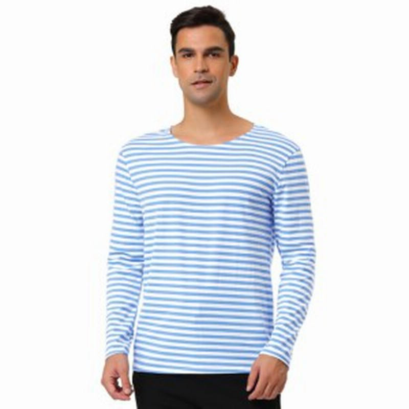 Allegra K メンズ ボーダー Tシャツ カットソー 長袖 ストライプ クルーネック コットン カジュアル ライトブルー 38 通販 Lineポイント最大4 0 Get Lineショッピング