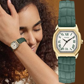 FOSSIL Harlow 復古八角大三針女錶 新春開運 送禮首選-金x綠/27mm ES5427