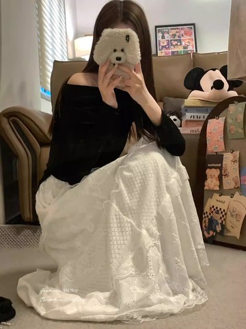 蕾絲蛋糕裙／韓系A字傘長裙 鬆緊腰頭 A字傘裙－【350662】