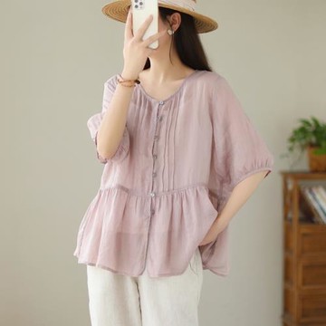 娃娃衫上衣女2024新款夏季大碼法式風琴褶收腰顯瘦V領短袖襯衫潮