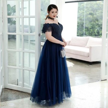 胖mm大碼輕奢重工晚禮服高級感顯瘦一字肩演出禮服年會主持人藝考