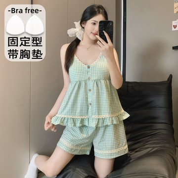 夏季甜美ins公主風格子吊帶短褲 兩件套 性感自帶胸墊睡衣女 可外穿家居服套裝 純欲風少女睡衣套裝 無袖吊帶睡衣
