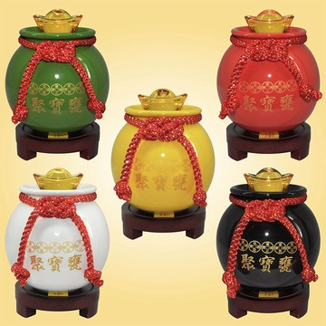 【吉祥開運坊】【聚財聖品五帝錢聚寶盆中型 附木底座 陶瓷聚寶甕 五色可供選擇】開光 擇日