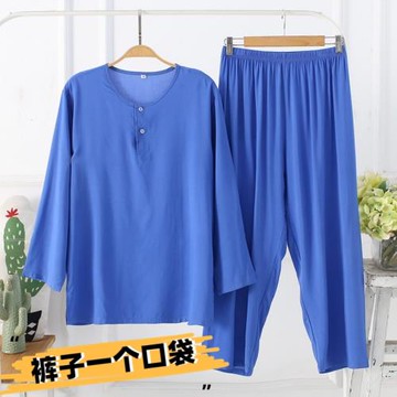 夏薄款棉綢長袖長褲男女睡衣套裝人造棉空調服套頭款純色-單口袋