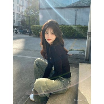 🎈流行女裝🎈美式複古黑色正肩長袖T恤女春秋新款內搭螺紋打底衫辣妹短款上衣