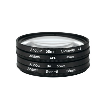 鏡頭套件 Andoer 58mm UV+CPL+特寫+4 +Star 8 點濾鏡圓形濾鏡套件圓形偏光濾鏡微距特寫星形 8