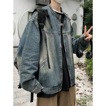 日系cityboy復古水洗扎染立領牛仔外套男士高街寬松工裝夾克上衣