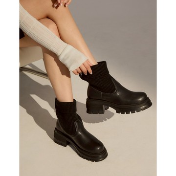 AIR SPACE 可調節針織拼接中跟短靴(黑/米白) 女鞋 現貨