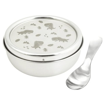 KOM 童趣系列 316不鏽鋼兒童隔熱碗餐具組 恐龍  餐碗 + 上蓋 + 湯匙  1套  白色