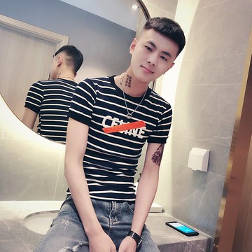 夏季條紋短袖t恤男潮牌韓版修身百搭半袖體恤衫新款純棉夏裝潮流