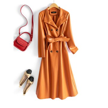 海寧綿羊皮中長款韓版修身2025春秋新款休閑氣質真皮皮風衣女外套