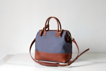 【大容量帆布拼皮醫生包】藍灰色