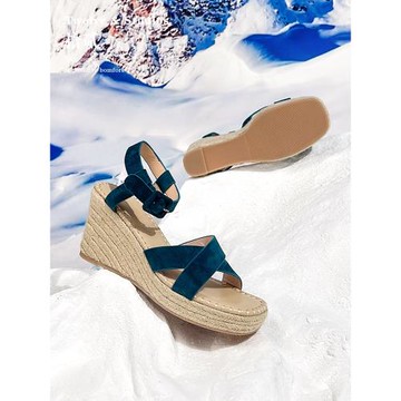 韓國小羊皮！波西米亞草編坡跟涼鞋女高跟露趾防水臺厚底增高顯瘦