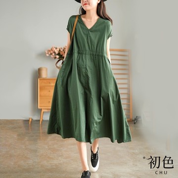 初色 涼爽透氣V領棉麻風素色短袖連身裙洋裝-共3色-69828(M-2XL可選)