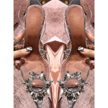 尖頭仙女風透明水晶高跟鞋包頭涼鞋 2024水鉆細跟新款網紅單鞋女