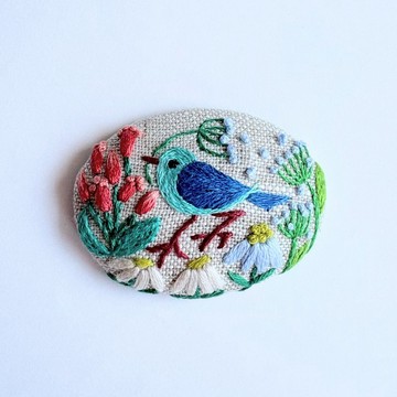 小鳥與草花刺繡胸針 (botanical)#526