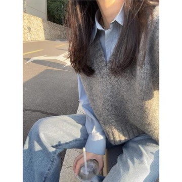 小香風灰色無袖背心針織馬甲女春秋秋冬外搭毛衣疊穿襯衫坎肩馬夾