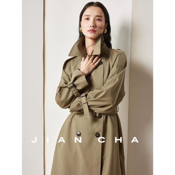 JIANCHA簡茶 高密新疆棉 重磅ROW風卡其色廓形長款腰帶風衣女外套
