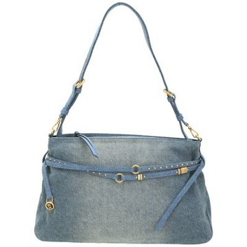 PINKO Belt Bag 大型 燕子銅釦鉚釘飾帶水洗牛仔手提/肩斜背包(丹寧藍 義大利精品包)