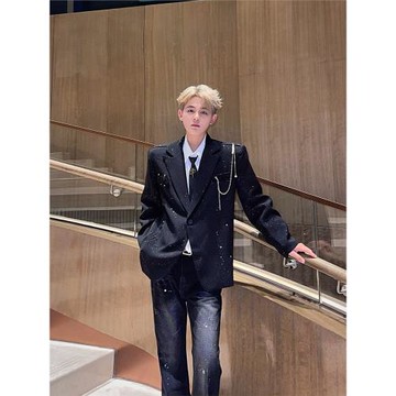 BIG Wisdom黑色滿天星小眾珍珠掛鏈設計高級感新款休閑西裝外套男