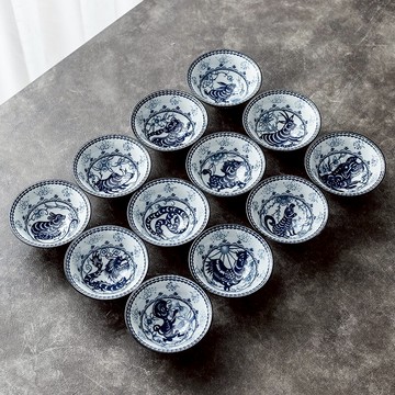 十二生肖青花瓷功夫茶杯具家用品茗杯陶瓷茶盞斗笠杯茶碗主人杯