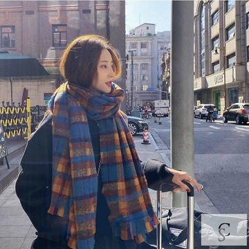 【XL-8XL大尺碼】👩 百搭围脖 显白 显瘦 秋冬围脖橙藍色格子圍巾女秋冬爆款加厚保暖圍脖高級感百搭披肩顯白顯膚色