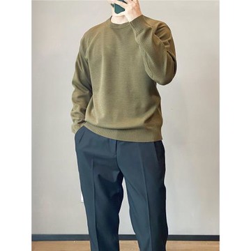 春秋韓風修身長袖針織衫男白色圓領毛衣時尚休閑內搭打底線衫男生