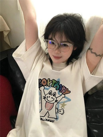 重磅純棉美式復古oversize正肩短袖T恤夏季小眾設計感卡通女生上衣 慵懶風 男生短袖 oversize寬鬆 韓版短T