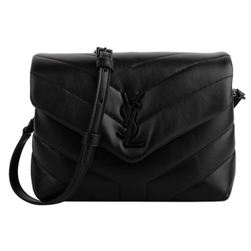 YSL 黑金屬YSL 字 山形紋皮革斜背包(黑)小款